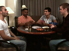 A four man game of hearts turns into talk about first time sexual experiences -as the men move over from the table to the couch they begin feeling out each others\' cocks for the first time. Their innocent experimentation leads to their fullest pleasure as they stick their hard dicks into one anothers\' virgin assholes.video