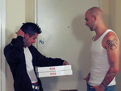 This pizza boy is carrying around a huge pepperoni, but little did he know the gigantic spicy sausage he was about to get! Watch as this pizza boy goes bottom for the first time to take a little extra meat!video